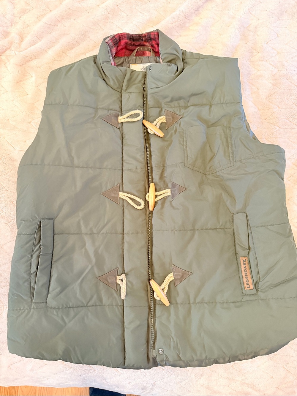 Legendary Whitetails Olive Green Puffer Vest with Red Plaid Lining